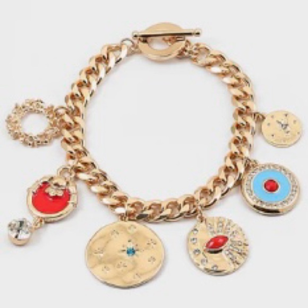 NWOT Chic Gold Bracelet with Red and Blue Charms
